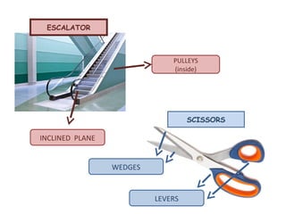 ESCALATOR
SCISSORS
INCLINED PLANE
PULLEYS
(inside)
WEDGES
LEVERS
 