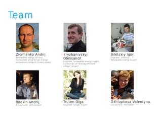 Team



 Zicnhenko Andrij,                  Kryzhanivskyj                        Biletskiy Igor,
 Renewable energy activist,                                              Engineer, inventor
 Co-founder of Ukrainian energy
                                    Oleksandr,                           Renewable energy expert
 innovations network Greencubator   Engineer, renewable energy expert,
                                    Co-founder of “Energy-efficient
                                    village” project




 Bilokin Andrij,                    Truten Olga,                         Okhlopkova Valentyna,
 Eco-activist, technologist         Engineer, biogas expert              Eco-activist, motivator
 