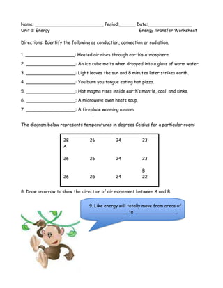 Name: _________________________ Period:______ Date:________________<br />Unit 1: Energy Energy Transfer Worksheet<br />Directions: Identify the following as conduction, convection or radiation.<br />1. __________________: Heated air rises through earth’s atmosphere.<br />2. __________________: An ice cube melts when dropped into a glass of warm water.<br />3. __________________: Light leaves the sun and 8 minutes later strikes earth.<br />4. __________________: You burn you tongue eating hot pizza.<br />5. __________________: Hot magma rises inside earth’s mantle, cool, and sinks.<br />6. __________________: A microwave oven heats soup.<br />7. __________________: A fireplace warming a room.<br />The diagram below represents temperatures in degrees Celsius for a particular room:<br />28262423A26262423B26252422<br />8. Draw an arrow to show the direction of air movement between A and B.<br />9. Like energy will totally move from areas of ______________ to  _______________.<br />0151765<br />Djflkdf<br />513282536190571500025311102971800253111010. The diagrams below represent beakers being heated by a Bunsen burner. Draw in arrows to show how convection will move in each beaker.<br />