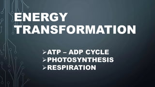 ENERGY
TRANSFORMATION
ATP – ADP CYCLE
PHOTOSYNTHESIS
RESPIRATION
 