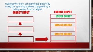 Hydropower dam can generate electricity
using the spinning turbine triggered by a
falling water from a height.
ENERGY INPUT ENERGY OUPUT
USEFUL ENERGY
WASTED ENERGY
WASTED ENERGY
 