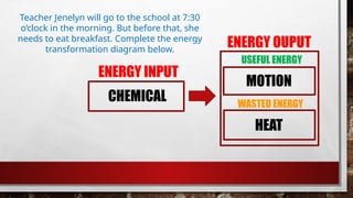 Teacher Jenelyn will go to the school at 7:30
o’clock in the morning. But before that, she
needs to eat breakfast. Complete the energy
transformation diagram below.
ENERGY INPUT
ENERGY OUPUT
USEFUL ENERGY
WASTED ENERGY
MOTION
CHEMICAL
HEAT
 