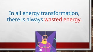 In all energy transformation,
there is always wasted energy.
 