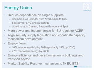 Energy Union
• Reduce dependence on single suppliers:
– Southern Gas Corridor from Azerbeidjan to Italy
– Strategy for LNG and its storage
– Liquid hubs in Central, Eastern Europe and Spain
• More power and independence for EU regulator ACER
• Align security supply legislation and coordinate capacity
mechanism development
• Energy flows:
– 10% interconnectivity by 2020 (probably 15% by 2030)
– 27% renewable energy by 2030
• Energy efficiency and decarbonisation in buildings and
transport sector
• Market Stability Reserve mechanism to fix EU ETS
 