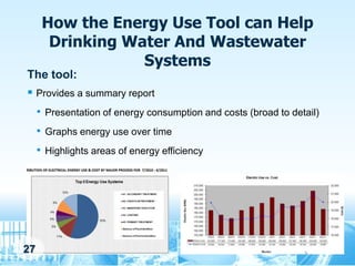 How the Energy Use Tool can Help
       Drinking Water And Wastewater
                  Systems
The tool:
 Provides a summary report
     • Presentation of energy consumption and costs (broad to detail)
     • Graphs energy use over time
     • Highlights areas of energy efficiency




27
 