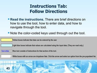 Instructions Tab:
                  Follow Directions
 Read the instructions. There are brief directions on
     how to use the tool, how to enter data, and how to
     navigate through the tool.
 Note the color-coded keys used through out the tool.




43
 
