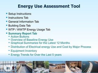 Energy Use Assessment Tool
 Setup Instructions
 Instructions Tab
 General Information Tab
 Building Data Tab
 WTP / WWTP Energy Usage Tab
 Summary Report Tab
  • Action Buttons
  • Overview of Baseline Energy Use
  • Graphical Summaries for the Latest 12 Months
  • Distribution of Electrical energy Use and Cost by Major Process
  • Equipment Inventory
  • Energy Trends for Over the Last 5 years


81
 
