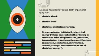 Electrical hazards may cause death or personal
injury from:
• electric shock
• electric burn
• electrical explosion or arcing,
• fire or explosion initiated by electrical
energy (where any such death or injury is
associated with the generation, provision,
transmission, transformation, rectification,
conversion, conduction, distribution,
control, storage, measurement or use of
electrical energy’).
 