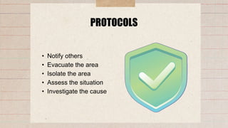 PROTOCOLS
• Notify others
• Evacuate the area
• Isolate the area
• Assess the situation
• Investigate the cause
 