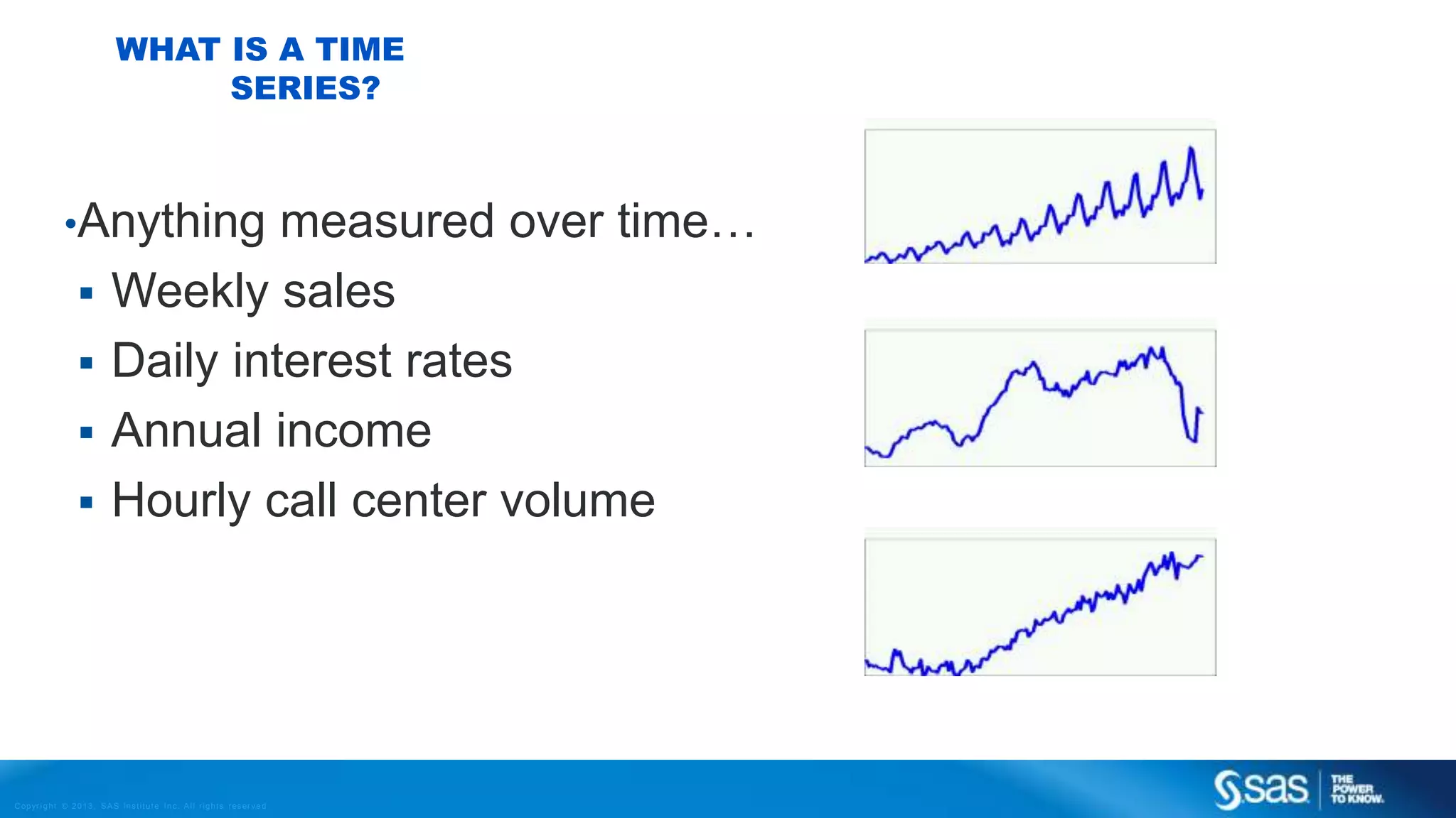 Copyr ight © 2013, SAS Institute Inc. All rights reser ved.
WHAT IS A TIME
SERIES?
•Anything measured over time…
 Weekly sales
 Daily interest rates
 Annual income
 Hourly call center volume
 