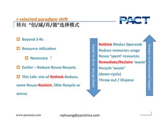 r,selected/paradigm/shi@/ 
ċ_“L/J/C/“”ď£¼ 
! Beyond/3,Rs/ 
! Resource/u5liza5on/ 
! Necessary/ 
! Earlier/–/Reduce,Reuse,Recycle./ 
! This/talk:/mix/of/Rethink,Reduce,/ 
some/Reuse,Reclaim,/li1le/Recycle/or/ 
worse./ 
www.pactasia.com 
Rethink/Modus/Operandi/ 
Reduce/resources/usage/ 
Reuse/‘spent’/resources/ 
Remediate/Reclaim/‘waste’/ 
Recycle/‘waste’/ 
(down,cycle)/ 
Throw/out///Dispose/ 
Easier'to'do'as''you'go'down 
Greater'Environmental'Impact'' 
rayhuang@pactchina.com 
 