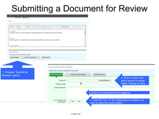 © 2007 Ltd.
© 2014 Ltd.
Submitting a Document for Review
1. Choose “Submit for
Review” option.
2. Click on button and
select person to assign.
Select Review by Date.
3. Enter any comments for the assignee.
4. Click the “Yes “or “No” depending on whether you
want to submit for authorisation .
 