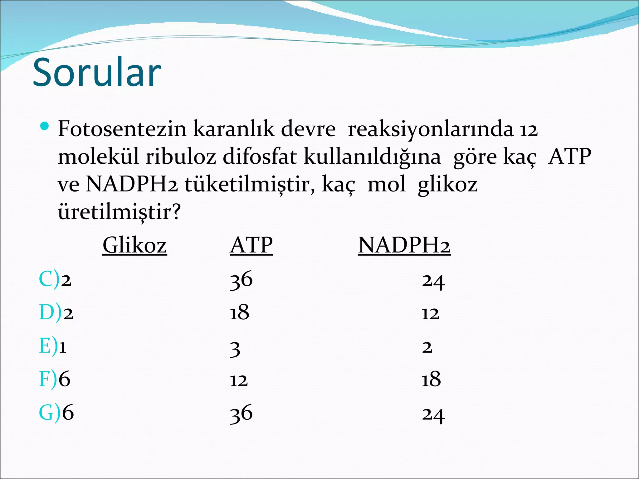 Sorular
 Fotosentezin karanlık devre reaksiyonlarında 12
  molekül ribuloz difosfat kullanıldığına göre kaç ATP
  ve NADPH2 tüketilmiştir, kaç mol glikoz
  üretilmiştir?
       Glikoz      ATP          NADPH2
C)2                36                  24
D)2                18                  12
E)1                3                   2
F)6                12                  18
G)6                36                  24
 