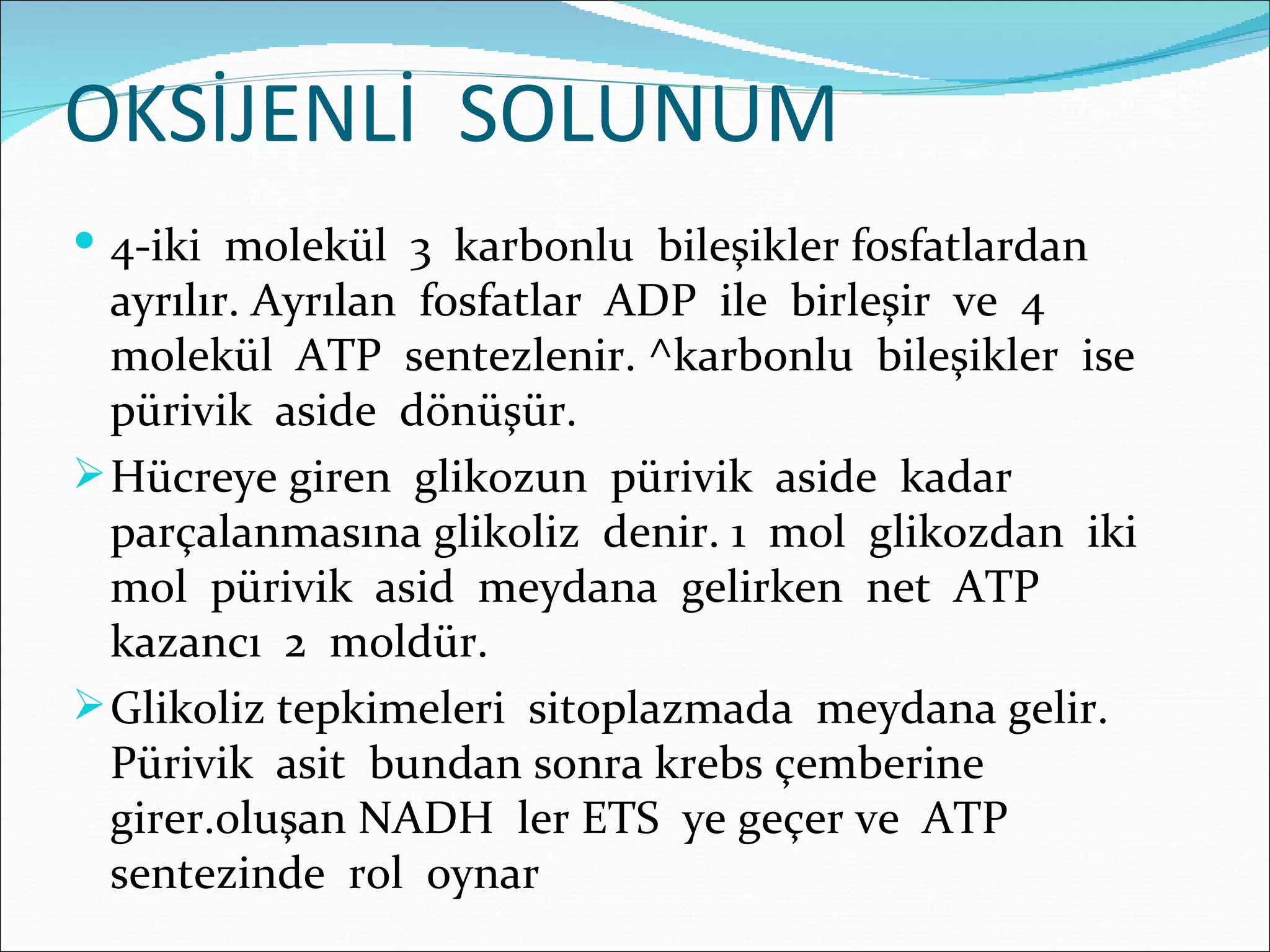 OKSİJENLİ SOLUNUM
 4-iki molekül 3 karbonlu bileşikler fosfatlardan
  ayrılır. Ayrılan fosfatlar ADP ile birleşir ve 4
  molekül ATP sentezlenir. ^karbonlu bileşikler ise
  pürivik aside dönüşür.
 Hücreye giren glikozun pürivik aside kadar
  parçalanmasına glikoliz denir. 1 mol glikozdan iki
  mol pürivik asid meydana gelirken net ATP
  kazancı 2 moldür.
 Glikoliz tepkimeleri sitoplazmada meydana gelir.
  Pürivik asit bundan sonra krebs çemberine
  girer.oluşan NADH ler ETS ye geçer ve ATP
  sentezinde rol oynar
 
