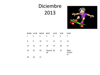 Diciembre
             2013


DOM LUN   MAR   MIE     JUE   VIE   SAB
1    2    3     4       5     6     7


8    9    10    11      12    13    14

15   16   17    18      19    20    21

22   23   24    25navid 26    27    28dia
                ad                  inocent
                                    es
29   30   31
 