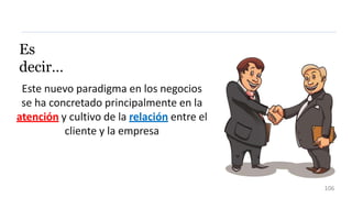 Es
decir…
Este nuevo paradigma en los negocios
se ha concretado principalmente en la
atención y cultivo de la relación entre el
cliente y la empresa
106
 
