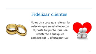 No es otra cosa que reforzar la
relación que se establece con
el, hasta tal punto que sea
resistente a cualquier
competidor u oferta puntual.
Fidelizar clientes
123
 