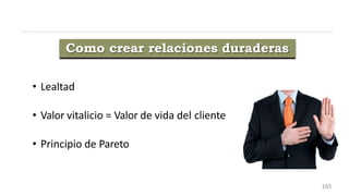 Como crear relaciones duraderas
• Lealtad
• Valor vitalicio = Valor de vida del cliente
• Principio de Pareto
165
 