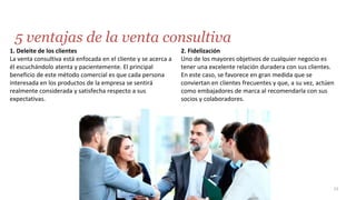5 ventajas de la venta consultiva
1. Deleite de los clientes
La venta consultiva está enfocada en el cliente y se acerca a
él escuchándolo atenta y pacientemente. El principal
beneficio de este método comercial es que cada persona
interesada en los productos de la empresa se sentirá
realmente considerada y satisfecha respecto a sus
expectativas.
2. Fidelización
Uno de los mayores objetivos de cualquier negocio es
tener una excelente relación duradera con sus clientes.
En este caso, se favorece en gran medida que se
conviertan en clientes frecuentes y que, a su vez, actúen
como embajadores de marca al recomendarla con sus
socios y colaboradores.
23
 