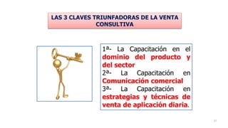 LAS 3 CLAVES TRIUNFADORAS DE LA VENTA
CONSULTIVA
1ª- La Capacitación en el
dominio del producto y
del sector
2ª- La Capacitación en
Comunicación comercial
3ª- La Capacitación en
estrategias y técnicas de
venta de aplicación diaria.
27
 