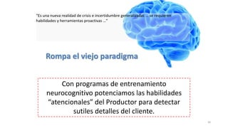 30
Con programas de entrenamiento
neurocognitivo potenciamos las habilidades
“atencionales” del Productor para detectar
sutiles detalles del cliente.
Rompa el viejo paradigma
“Es una nueva realidad de crisis e incertidumbre generalizadas … se requieren
habilidades y herramientas proactivas …”
 