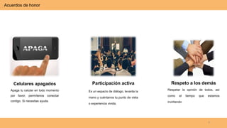 Acuerdos de honor
Celulares apagados
Apaga tu celular en todo momento
por favor, permítenos conectar
contigo. Si necesitas ayuda.
Participación activa
Es un espacio de diálogo, levanta la
mano y cuéntanos tu punto de vista
o experiencia vivida.
Respeto a los demás
Respetar la opinión de todos, así
como el tiempo que estamos
invirtiendo
3
 
