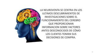 41
LA NEUROVENTA SE CENTRA EN LOS
ULTIMOS DESCUBRIMIENTOS DE
INVESTIGACIONES SOBRE EL
FUNCIONAMIENTO DEL CEREBRO
QUE PROPORCIONAN
INFORMACION SOBRE FACTORES
ANTES DESCONOCIDOS DE CÓMO
LOS CLIENTES TOMAN SUS
DECISIONES DE COMPRA.
 