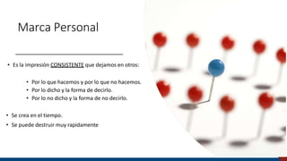 Marca Personal
• Es la impresión CONSISTENTE que dejamos en otros:
• Por lo que hacemos y por lo que no hacemos.
• Por lo dicho y la forma de decirlo.
• Por lo no dicho y la forma de no decirlo.
• Se crea en el tiempo.
• Se puede destruir muy rapidamente
Universidad de Piura
 