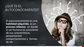 ¿QUÉ ES EL
AUTOCONOCIMIENTO?
BY EDLM AGO 22
Universidad de Piura
El autoconocimiento es una
habilidad adquirida, es un
proceso reflexivo en donde
el ser humano es consciente
de sus características,
pensamientos
comportamientos y formas
de ser.
 