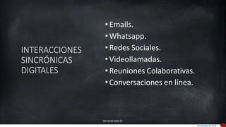 INTERACCIONES
SINCRÓNICAS
DIGITALES
BY EDLM AGO 22
Universidad de Piura
•Emails.
•Whatsapp.
•Redes Sociales.
•Videollamadas.
•Reuniones Colaborativas.
•Conversaciones en línea.
 