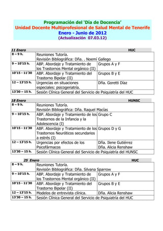 Programación del ‘Día de Docencia’
  Unidad Docente Multiprofesional de Salud Mental de Tenerife
                   Enero - Junio de 2012
                              (Actualización 07.03.12)


11 Enero                                                                HUC
8 – 9 h.         Reuniones Tutoría.
                 Revisión Bibliográfica: Dña. . Noemí Gallego
9 – 10’15 h.     ABP. Abordaje y Tratamiento de       Grupos A y F
                 los Trastornos Mental orgánico (II)
10’15 - 11’30    ABP. Abordaje y Tratamiento del      Grupos B y E
                 Trastorno Bipolar (II)
12 – 13’15 h.    Urgencias en situaciones             Dña. Goretti Díaz
                 especiales: psicogeriatría.
13’30 – 15 h.    Sesión Clínica General del Servicio de Psiquiatría del HUC

18 Enero                                                                HUNSC
8 – 9 h.         Reuniones Tutoría.
                 Revisión Bibliográfica: Dña. Raquel Macías
9 – 10’15 h.     ABP. Abordaje y Tratamiento de los Grupo C
                 Trastornos de la Infancia y la
                 Adolescencia (I)
10’15 - 11’30    ABP. Abordaje y Tratamiento de los Grupos D y G
                 Trastornos Neuróticos secundarios
                 a estrés (I)
12 – 13’15 h.    Urgencias por efectos de los         Dña. Ilene Gutiérrez
                 Psicofármacos                        Dña. Alicia Renshaw
13’30 – 15 h.    Sesión Clínica General del Servicio de Psiquiatría del HUNSC

           25 Enero                                                       HUC
8 – 9 h.         Reuniones Tutoría.
                 Revisión Bibliográfica: Dña. Silvana Sparrow
9 – 10’15 h.     ABP. Abordaje y Tratamiento de        Grupos A y F
                 los Trastornos Mental orgánico (II)
10’15 - 11’30    ABP. Abordaje y Tratamiento del       Grupos B y E
                 Trastorno Bipolar (II)
12 – 13’15 h.    Modelos de entrevista clínica.        Dña. Alicia Renshaw
13’30 – 15 h.    Sesión Clínica General del Servicio de Psiquiatría del HUC
 