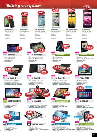 5
Bq Aquaris 3.5” Bq Aquaris 4” Bq Aquaris 4.5” Bq Aquaris 5” Bq Aquaris 5”HD Bq Aquaris 5.7”
Dual Core · HD 8Gb
Pantalla 3.5” IPS · 3G
Dual Sim
Peso 110 gr
Batería 1200 mAh
Android 4.2
Dual Core · HD 12Gb
Pantalla 4” IPS · 3G
Dual Sim
Peso 135g
Batería 1500 mAh
Android 4.1
Dual Core · HD 36Gb
Pantalla 4.5” IPS qHD 3G
Dual Sim
Peso 150g
Batería 1600 mAh
Android 4.1
Quad Core · HD 16Gb
Pantalla 5” IPS · 3G
Dual Sim
Peso 170 gr
Batería 2200 mAh
Android 4.2
Quad Core · HD 16Gb
Pantalla 5” IPS HD · 3G
Dual Sim
Peso 170 gr
Batería 2100 mAh
Android 4.2
Dual Core · HD 16Gb
Pantalla 5.7” IPS · 3G
Dual Sim
Peso 191 gr
Batería 4000 mAh
Android 4.2
D
7”
 » Dual Core 1.2 GHz
 » Pantalla 7” capacitiva
 » Capacidad 8 Gb
 » Android 4.1
Acer Iconia B1
7”
Acer Iconia B1
11.6”
 » Intel Core i3 3229Y 1.4 GHz
 » Pantalla 11,6” LED multi-táctil
 » RAM 4 Gb / capacidad 120 Gb SSD
 » Windows 8
P3-171 (teclado incluido)
11.6”
7”
 » Dual Core Cortex A9
 » Pantalla 7” Multitáctil
 » Capacidad 4 Gb
 » Android 4.2
Unusual U7X
7”
Unusual U7X
10”
 » Quad Core Cortex-A9 1.2 GHz
 » Pantalla 10.1” Multitáctil
 » Capacidad 16 Gb
 » Android 4.1
HANNSPREE HSG1279
10”
HANNSPREE HSG1279
9999€
IVA incluido
109109€
IVA incluido
8”
 » Dual Core Cortex A9 1.6 GHz
 » Pantalla IPS HD de 8” táctil
 » Capacidad 16 Gb, USB, HDMI
 » Android 4.1
Bq Curie 2 3G
8”
10”
 » Dual Core 1.6 GHz
 » Pantalla 10.1“ multi-táctil
 » Capacidad 16 Gb
 » Android 4.2
Galaxy TAB 3
10”
Galaxy TAB 3
9”
 » Boxchip A13 1.0 GHz
 » Pantalla 9” capacitiva
 » Capacidad 4 Gb
 » Android 4.0
Prixton T9100
9”
8”
 » Quad Core 1.2 GHz
 » Pantalla 7.9” XGA IPS LED capacitiva
 » Capacidad 16 Gb
 » Android 4.2
Acer Iconia A1-810
8”
Acer Iconia A1-810
10”
 » Quad Core 1.2 GHz
 » Pantalla 10.1” IPS LED
 » Capacidad 32 Gb, RAM 1 Gb
 » Android 4.2
Acer Iconia A3-a10
10”
Acer Iconia A3-a10
8”
 » Quad Core Cortex A9 1.6 GHz
 » Pantalla IPS HD de 8” táctil
 » Capacidad 16 Gb, Dolby Integrado
 » Android 4.1, Batería de 5000 mAh
Bq Curie 2 QC
8”
10”
 » Quad Core Cortex A9 1.6 GHz
 » Pantalla IPS HD de 10.1” táctil, 1080p
 » Capacidad 16 Gb, Dolby Integrado
 » Android 4.1, Batería de 8600 mAh
Bq Edison 2 QC
10”
189189€
IVA incluido
199199€
IVA incluido
335335€
IVA incluido
149149€
IVA incluido
195195€
IVA incluido
195
159159€
IVA incluido
245245€
IVA incluido
169169€
IVA incluido
269269€
IVA incluido
269269
32
Gb
229229€
IVA incluido
229
169169169€
IVA incluido
179179179€
IVA incluido
135135€
IVA incluido
199199€
IVA incluido
259259€
IVA incluido
7”
 » Dual Core Cortex A9 1.6 GHz
 » Pantalla 7” IPS HD capacitiva
 » Capacidad 8 Gb
 » Android 4.0
Bq Maxwell PLUS
7”
6969€
IVA incluido
999999€
IVA incluido
8”
 » Quad Core Cortex A9 1.6 GHz
 » Pantalla IPS HD de 8” táctil
 » Capacidad 32 Gb, Dolby Integrado
 » Android 4.1, Batería de 5000 mAh
Bq Curie 2 QC
8”
229229€
IVA incluido
32
Gb
10”
 » Intel Atom Z2760 1.8 GHz
 » Pantalla IPS de 10.1” táctil
 » Capacidad 32 Gb
 » Windows 8, Batería de 6200 mAh
Bq TESLA W8
10”
299299299€
IVA incluido
10”
 » Chip A6X 4 núcleos
 » Pantalla 9.7“ multi-táctil
 » Capacidad 16 Gb, 3.1 millones de píxeles
 » iOS 5
Apple iPad retina
10”
Apple iPad retina
449449€
IVA incluido
11.6”
 » Intel ATOM Z2760 1.5 GHz
 » Pantalla 11,6” LED HD multi-táctil
 » RAM 2 Gb / capacidad 64 GB e.MMC iNAND
 » Windows 8 Pro
XE500T1C (teclado incluido)
11.6”
XE500T1C
Pantalla 10.1” IPS LED
Capacidad 32 Gb, RAM 1 Gb
Android 4.2
11.6”
XE500T1C
11.6”
XE500T1C
11.6”
539539€
IVA incluido
649649€
IVA incluido
Tablets y smartphones
9999€
IVA incluido
 