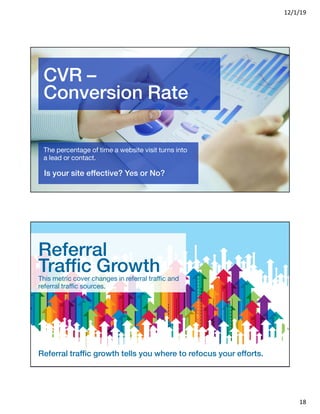 12/1/19
18
CVR –
Conversion Rate
The percentage of time a website visit turns into
a lead or contact.
Is your site effective? Yes or No?
Referral
Traffic GrowthThis metric cover changes in referral traffic and
referral traffic sources.
Referral traffic growth tells you where to refocus your efforts.
 