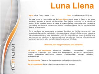 Luna LlenaInicio: 19 de Enero a las04:22 pm	                  Final: 26 de Enero a las07:58 amSe hace notar el claro influjo que la Luna Llenaejerce sobre la Tierra y los seres humanos, animales y plantas que la habitan. Esta fuerza, producida por el cambio de sentido de los impulsos lunares al pasar la luna por la fase que media entre creciente y menguante, se siente de manera más intensa que el cambio de fuerzas que tiene lugar durante la luna nueva. En el plenilunio los sonámbulos se pasean dormidos, las heridas sangran con más persistencia; las plantas medicinales recogidas durante este período tienen más eficacia, y los árboles podados en esta fase pueden morir. En otro orden de cosas, la policía tiene que reforzar sus efectivos, ya que normalmente los actos de violencia y los accidentes aumentan; asimismo, a las comadronasse les acumula el trabajo. !Momento para recoger frutos no para plantarlos!La Luna Llena representa: Iluminación, desenlace,  introspección,  inquietud, culminación y resultado, fruto, etapa final, efervescencia, recolección, productividad, magia, imaginación desbordada, creativa, transformación, plenitud, intensidad, emocionalidad Se recomienda:Fiestas de Reconocimiento, meditación, contemplación.No se recomienda:iniciar relaciones, cerrar negocios, sembrar.
