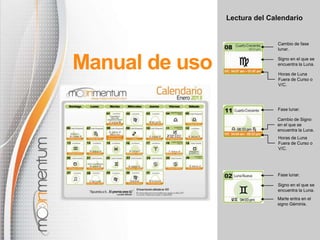 Lectura del Calendario


                              Cambio de fase
                              lunar.



Manual de uso                 Signo en el que se
                              encuentra la Luna.

                              Horas de Luna
                              Fuera de Curso o
                              V/C.




                              Fase lunar.

                              Cambio de Signo
                              en el que se
                              encuentra la Luna.
                              Horas de Luna
                              Fuera de Curso o
                              V/C.




                              Fase lunar.

                              Signo en el que se
                              encuentra la Luna.
                              Marte entra en el
                              signo Géminis.
 