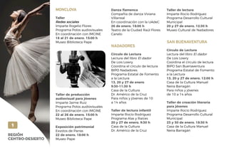 MONCLOVA
Taller
Redes sociales
Imparte Rogelio Flores
Programa Polos audiovisuales
En coordinación con IMCINE
18 al 21 de enero. 15:00 h
Museo Biblioteca Pape
Taller de producción
audiovisual para jóvenes
Imparte Jaime Ruiz
Programa Polos audiovisuales
En coordinación con IMCINE
22 al 26 de enero. 15:00 h
Museo Biblioteca Pape
Exposición patrimonial
Exvotos de Parras
22 de enero. 18:00 h
Museo Pape
Danza flamenca
Compañía de danza Viviana
Villarreal
En coordinación con la UAdeC
26 de enero. 18:00 h
Teatro de la Ciudad Raúl Flores
Canelo
NADADORES
Círculo de Lectura
Lectura del libro El dador
De Lois Lowry
Coordina el círculo de lectura
BIPO Nadadores
Programa Estatal de Fomento
a la Lectura
13, 20 y 27 de enero
9:30-11:30 h
Casa de la Cultura
Dr. Américo de la Cruz
Para niños y jóvenes de 10
a 14 años
Taller de lectura infantil
Imparte Rocío Rodríguez
Programa Alas y Raíces
20 y 27 de enero. 9:30 h
Casa de la Cultura
Dr. Américo de la Cruz
Taller de lectura
Imparte Rocío Rodríguez
Programa Desarrollo Cultural
Municipal
20 y 27 de enero. 12:30 h
Museo Cultural de Nadadores
SAN BUENAVENTURA
Círculo de Lectura
Lectura del libro El dador
De Lois Lowry
Coordina el círculo de lectura
BIPO San Buenaventura
Programa Estatal de Fomento
a la Lectura
13, 20 y 27 de enero. 12:00 h
Casa de la Cultura Manuel
Neira Barragán
Para niños y jóvenes
de 10 a 14 años
Taller de creación literaria
para jóvenes
Imparte Rocío Rodríguez
Programa Desarrollo Cultural
Municipal
23 y 30 de enero. 18:30 h
Casa de la Cultura Manuel
Neira Barragán
4
REGIÓN
CENTRO-DESIERTO
 