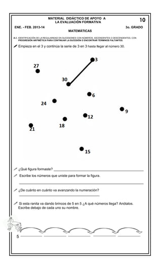 MATERIAL DIDÁCTICO DE APOYO A
LA EVALUACIÓN FORMATIVA
ENE. - FEB. 2013-14

10
7
3o. GRADO

MATEMÁTICAS
A.E. IDENTIFICACIÓN DE LA REGULARIDAD EN SUCESIONES CON NÚMEROS, ASCENDENTES O DESCENDENTES, CON
PROGRESIÓN ARITMÉTICA PARA CONTINUAR LA SUCESIÓN O ENCONTRAR TÉRMINOS FALTANTES.

 Empieza en el 3 y continúa la serie de 3 en 3 hasta llegar al número 30.

 ¿Qué figura formaste? _______________________________________________
 Escribe los números que uniste para formar la figura.
_________________________________________________________________

 ¿De cuánto en cuánto va avanzando la numeración?
__________________________________________

 Si esta ranita va dando brincos de 5 en 5 ¿A qué números llega? Anótalos.
Escribe debajo de cada uno su nombre.

5

 