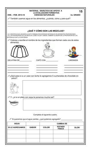 MATERIAL DIDÁCTICO DE APOYO A
LA EVALUACIÓN FORMATIVA
CIENCIAS NATURALES

ENE. - FEB. 2013-14

15
3o. GRADO
5

 También usamos agua en los alimentos, ¿cuándo, cómo y para qué?
______________________________________________________________________
______________________________________________________________________
______________________________________________________________________

¿QUÉ Y CÓMO SON LAS MEZCLAS?
A.E. IDENTIFICA QUE UNA MEZCLA ESTÁ FORMADA POR DIVERSOS MATERIALES EN DIFERENTES PROPORCIONES.
A.E. LAS PROPIEDADES DE LAS MEZCLAS, COMO COLOR Y SABOR, CAMBIAN AL MODIFICAR LA PROPORCIÓN DE LOS
MATERIALES QUE LA CONFORMAN.

 Colorea y escribe el nombre de los ingredientes que forman cada una de estos
alimentos.

GELATINA DE____________

CAFÉ CON ____________

LIMONADA

_____________________

_____________________

___________________

__________________
__________________
__________________

__________________
__________________
__________________

________________
________________
________________

¿Qué pasa si a un vaso con leche le agregamos 5 cucharadas de chocolate en
polvo?

 Y, ¿si a un plato con sopa le ponemos mucha sal?

Completa el siguiente cuadro.

 Si queremos que el agua cambie, ¿qué podemos agregarle? _____________________
AGUA
SI LE AGREGAMOS

CAMBIA DE
SABOR

COLOR

ESTADO
FÍSICO

OLOR

 