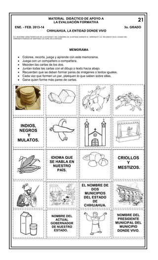 21

MATERIAL DIDÁCTICO DE APOYO A
LA EVALUACIÓN FORMATIVA
ENE. - FEB. 2013-14

3o. GRADO
CHIHUAHUA, LA ENTIDAD DONDE VIVO

A.E. DESCRIBE CARACTERÍSTICAS DE LA SOCIEDAD Y DEL GOBIERNO DE LA ENTIDAD DURANTE EL VIRREINATO. A.E. RECONOCE EN EL LEGADO DEL
VIRREINATO RASGOS DE IDENTIDAD CULTURAL EN LA ENTIDAD.

MEMORAMA








Colorea, recorta, juega y aprende con este memorama.
Juega con un compañero o compañera.
Mezclen las cartas de los dos.
Juntan todas las cartas con el dibujo o texto hacia abajo.
Recuerden que se deben formar pares de imágenes o textos iguales.
Cada vez que formen un par, platiquen lo que saben sobre ellas.
Gana quien forme más pares de cartas.

INDIOS,
NEGROS
Y
MULATOS.

IDIOMA QUE
SE HABLA EN
NUESTRO
PAÍS.

CRIOLLOS
Y
MESTIZOS.

EL NOMBRE DE
DOS
MUNICIPIOS
DEL ESTADO
DE
CHIHUAHUA.
NOMBRE DEL
ACTUAL
GOBERNADOR
DE NUESTRO
ESTADO.

NOMBRE DEL
PRESIDENTE
MUNICIPAL DEL
MUNICIPIO
DONDE VIVO.

 