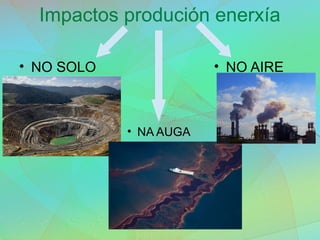 Impactos produción enerxía
• NO SOLO
• NA AUGA
• NO AIRE
 