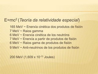 E=mc2 (Teoría da relatividade especial)
165 MeV ~ Enerxía cinética dos produtos de fisión
7 MeV ~ Raios gamma
6 MeV ~ Enerxía cinética de los neutróns
7 MeV ~ Enerxía a partir de produtos de fisión
6 MeV ~ Raios gama de produtos de fisión
9 MeV ~ Anti-neutrinos de los produtos de fisión
200 MeV (1,609 x 10-13 Joules)
 