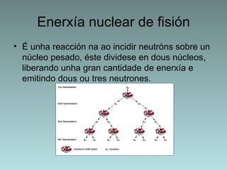 Enerxía nuclear de fisión
• É unha reacción na ao incidir neutróns sobre un
  núcleo pesado, éste dividese en dous núcleos,
  liberando unha gran cantidade de enerxía e
  emitindo dous ou tres neutrones.
 