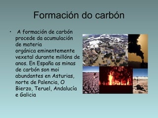 Formación do carbón
•    A formación de carbón
    procede da acumulación
    de materia
    orgánica eminentemente
    vexetal durante millóns de
    anos. En España as minas
    de carbón son moi
    abundantes en Asturias,
    norte de Palencia, O
    Bierzo, Teruel, Andalucía 
    e Galicia
 