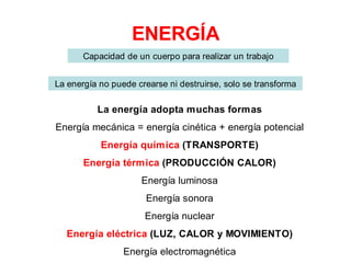 ENERGÍA
       Capacidad de un cuerpo para realizar un trabajo


La energía no puede crearse ni destruirse, solo se transforma

          La energía adopta muchas formas
Energía mecánica = energía cinética + energía potencial
           Energía química (TRANSPORTE)
       Energía térmica (PRODUCCIÓN CALOR)
                     Energía luminosa
                       Energía sonora
                      Energía nuclear
  Energía eléctrica (LUZ, CALOR y MOVIMIENTO)
                 Energía electromagnética