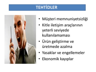 TEHTİDLER 
• Müşteri memnuniyetsizliği 
• Kitle iletişim araçlarının 
yeterli seviyede 
kullanılamaması 
• Ürün geliştirme ve 
üretmede azalma 
• Yasaklar ve engellemeler 
• Ekonomik kayıplar 
 