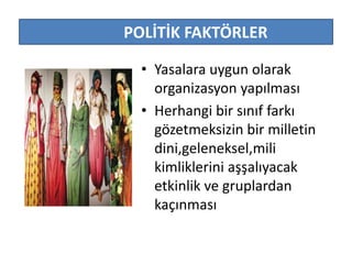 POLİTİK FAKTÖRLER 
• Yasalara uygun olarak 
organizasyon yapılması 
• Herhangi bir sınıf farkı 
gözetmeksizin bir milletin 
dini,geleneksel,mili 
kimliklerini aşşalıyacak 
etkinlik ve gruplardan 
kaçınması 
 