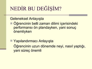 NEDİR BU DEĞİŞİM? Geleneksel Anlayışta Öğrencinin belli zaman dilimi içerisindeki performansı ön plandayken, yani sonuç önemliyken Yapılandırmacı Anlayışta Öğrencinin uzun dönemde neyi, nasıl yaptığı, yani süreç önemli 