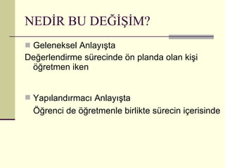 NEDİR BU DEĞİŞİM? Geleneksel Anlayışta Değerlendirme sürecinde ön planda olan kişi öğretmen iken Yapılandırmacı Anlayışta Öğrenci de öğretmenle birlikte sürecin içerisinde 