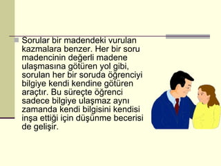 Sorular bir madendeki vurulan kazmalara benzer. Her bir soru madencinin değerli madene ulaşmasına götüren yol gibi, sorulan her bir soruda öğrenciyi bilgiye kendi kendine götüren araçtır. Bu süreçte öğrenci sadece bilgiye ulaşmaz aynı zamanda kendi bilgisini kendisi inşa ettiği için düşünme becerisi de gelişir.  