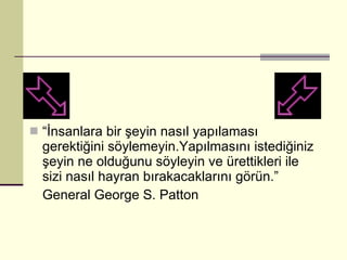 “ İnsanlara bir şeyin nasıl yapılaması gerektiğini söylemeyin.Yapılmasını istediğiniz şeyin ne olduğunu söyleyin ve ürettikleri ile sizi nasıl hayran bırakacaklarını görün.”  General George S. Patton  